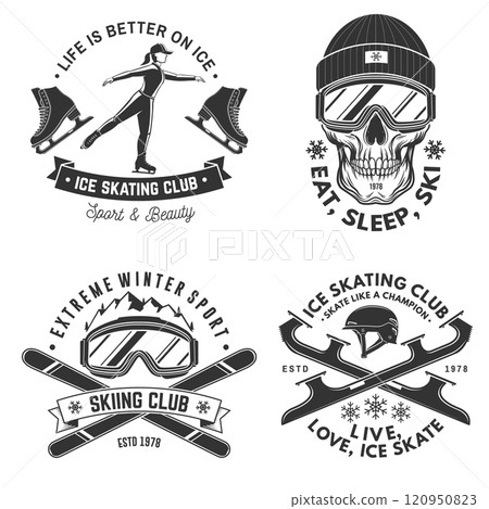 Set of ski and Ice Skate sport retro badge. Vector shirt, print, seal or stamp with ski glasses, skull skeleton in winter sport hat, skate, skates blades and helmet. Family vacation, activity or 120950823