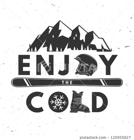 Enjoy the cold. Vector ski club retro badge. Concept for shirt, print, seal or stamp with mountain, ski, helmet, ski boot. Family vacation, activity or travel. For logo design, patches 120950827