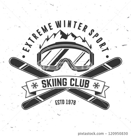 Extreme winter sport. Vector ski club retro badge. Concept for shirt, print, seal or stamp with mountain, ski, ski glasses. Family vacation, activity or travel. For logo design, patches 120950830
