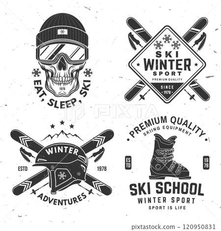 Set of ski winter sport retro badge. Vector. Concept for shirt, print, seal or stamp with ski glasses, skull skeleton in winter sport hat, ski boot, helmet. Family vacation, activity or travel. For 120950831