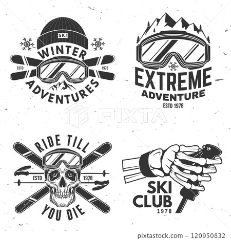 Set of ski winter sport retro badge. Vector. Concept for shirt, print, seal or stamp with ski glasses, skull, skeleton hand holding ski pole. Family vacation, activity or travel. For logo design Set of ski winter sport retro badge. Vector. Concept for shirt, print, seal or stamp with ski glasses, skull, skeleton hand holding ski pole. Family vacation, activity or travel. For logo design 120950832