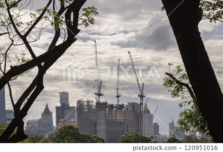 View of The skyscrapers of under construction in Bangkok seen through large green trees space at Afternoon. View of The skyscrapers of under construction in Bangkok seen through large green trees space at Afternoon. 120951016