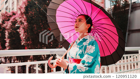 City, umbrella and girl in kimono walking on bridge for thinking, morning travel or outdoor sightseeing. Fashion, stroll and Japanese woman in traditional clothes, parasol or culture on urban commute 120951120