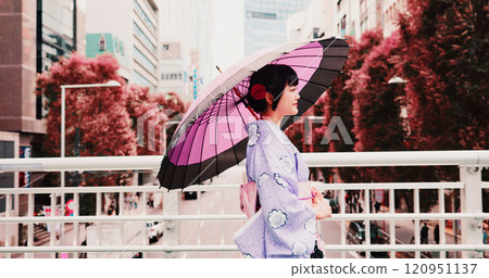 City, umbrella and woman in kimono walking on bridge with smile, morning travel or sightseeing adventure. Fashion, spring and Japanese girl in traditional clothes, parasol or culture on urban commute 120951137