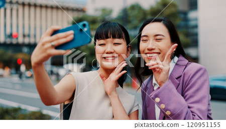 Business women, selfie and together in city with smile for peace sign, partner or excited for post on web. People, partnership and photography with laugh, happy or emoji with profile picture in Japan 120951155