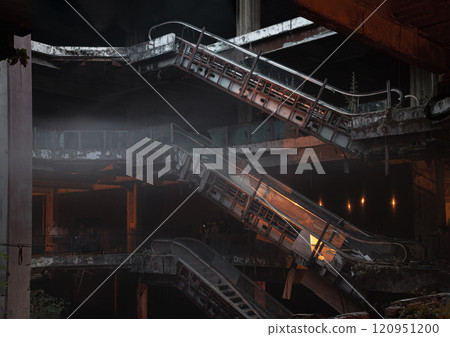 Dramatic view of Damaged escalators inside Abandoned new world shopping mall building. Dramatic view of Damaged escalators inside Abandoned new world shopping mall building. 120951200