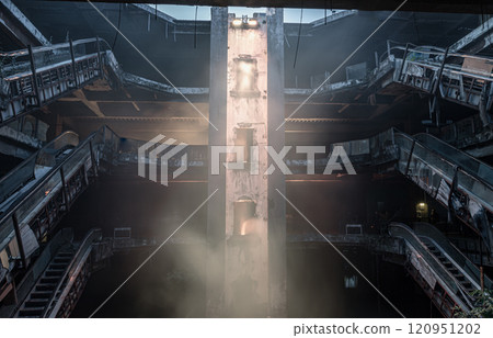 Dramatic view of Damaged escalators inside Abandoned new world shopping mall building. 120951202