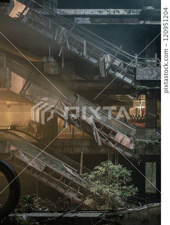 Dramatic view of Damaged escalators inside Abandoned new world shopping mall building. 120951204