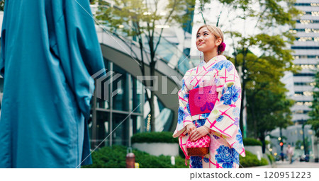 Asian woman, kimono and city with fashion for tradition, culture or meeting in Tokyo. Japan, female person and tourist with stylish clothing, dress or outfit in an urban town for heritage or travel 120951223