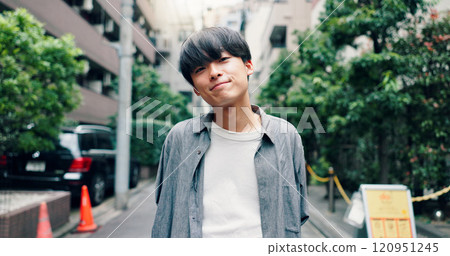 City, happy and portrait of Asian man with smile for university, education and commute to college. Travel, urban town and face of person on street for holiday, break and weekend in Japan outdoors City, happy and portrait of Asian man with smile for university, education and commute to college. Travel, urban town and face of person on street for holiday, break and weekend in Japan outdoors 120951245