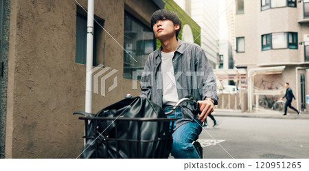 Travel, thinking and Asian man with bicycle in city for morning commute, adventure and journey outdoors. Location, cycling and person on bike for trip, sustainable and eco friendly transport in Japan Travel, thinking and Asian man with bicycle in city for morning commute, adventure and journey outdoors. Location, cycling and person on bike for trip, sustainable and eco friendly transport in Japan 120951265