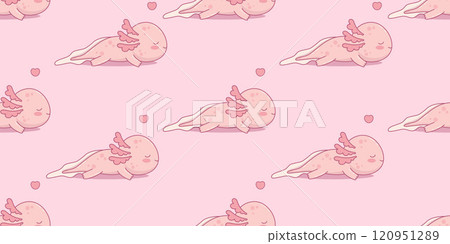 Seamless pattern with funny sleeping Axolotl on pink background with heart. Little cute cartoon kawaii character. Vector illustration. Kids collection. Horizontal template background Seamless pattern with funny sleeping Axolotl on pink background with heart. Little cute cartoon kawaii character. Vector illustration. Kids collection. Horizontal template background 120951289