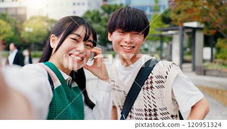 Selfie, city and japanese couple with hand gesture, portrait and happy from sightseeing and profile picture. Social media, online and people with travel, partner and vacation on holiday with joy 120951324