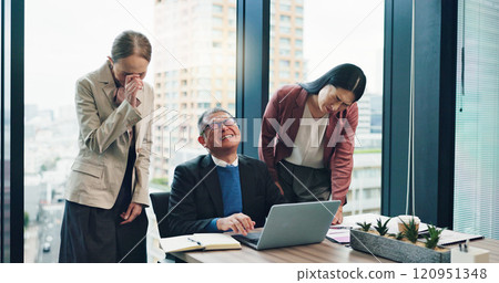 Frustrated asian, business people and laptop with failure for investment, loss or corporate bankruptcy at office desk. Japan, group or employees with computer for bad news, mistake or company debt 120951348