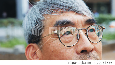 Japanese, corporate and man for thinking in city with glasses, travel decision and closeup reflection. Mature lawyer, thoughts and ideas for morning commute, location and justice opportunity in Japan 120951356