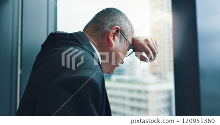 Loss, window or businessman with stress, pressure or debt for bankruptcy, depression or worry. Glass, frustrated director or overwhelmed Japanese boss in office for deadline, job mistake or crisis 120951360