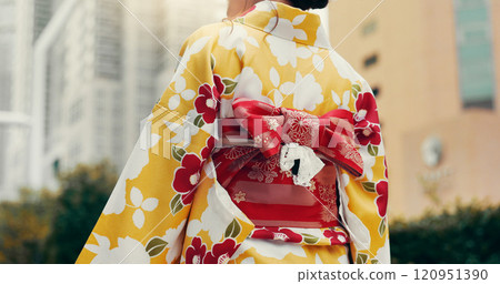 Street, belt and woman in city with kimono, morning commute and sightseeing in traditional clothes from back. Explore, discover and girl with Japanese fashion, culture or travel on urban adventure Street, belt and woman in city with kimono, morning commute and sightseeing in traditional clothes from back. Explore, discover and girl with Japanese fashion, culture or travel on urban adventure 120951390