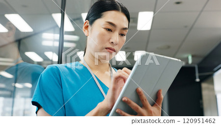 Nurse, tablet and healthcare tech of Japanese woman with thinking, web document and checklist in hospital. Surgeon, nursing and online research for health, wellness and clinic care with professional 120951462