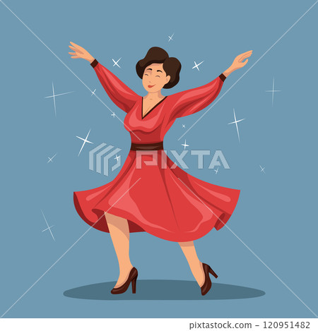 Vector illustration of happy dancing woman in red dress. Professional dancer. 120951482