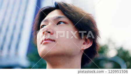 Japanese man, vision and outdoor for commute, travel and wondering with thoughtful mind to work. Asian person, thinking and planning in city for morning journey, explore and weekend tourist with idea 120951506