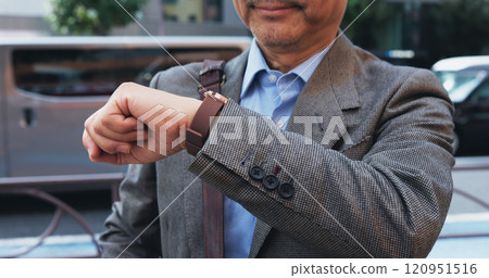 Outdoor, businessman and check time on wristwatch in city with commuting to meeting or office in Japan. Male person, employee and schedule for transport, bus or taxi to work or appointment in closeup Outdoor, businessman and check time on wristwatch in city with commuting to meeting or office in Japan. Male person, employee and schedule for transport, bus or taxi to work or appointment in closeup 120951516