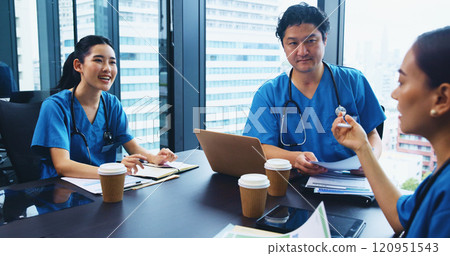 Asian people, nurse or team with laptop in meeting for medical discussion, planning or budget at hospital. Japan, group or healthcare employees with paperwork or documents for clinic funding or ideas Asian people, nurse or team with laptop in meeting for medical discussion, planning or budget at hospital. Japan, group or healthcare employees with paperwork or documents for clinic funding or ideas 120951543