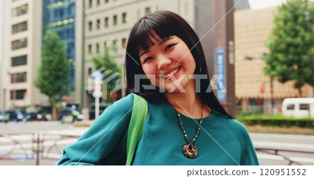 Smile, portrait and student with Japanese woman in city for travel, college campus and commute. Happiness, youth and University with person in Japan for tourism, summer vacation and education future 120951552
