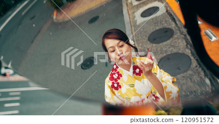 City, mirror and Japanese woman with lipstick, kiss and fun outdoor with reflection. Fashion, cosmetics and street with traditional clothes, makeup and pout for beauty in Tokyo with trip on road 120951572