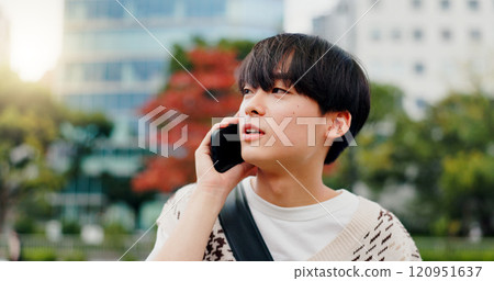 Japan, phone call and outdoor with man, conversation and network for communication. Happy, person and student with smartphone, mobile user and technology with digital app, commute and contact 120951637
