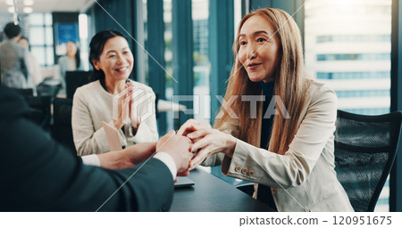 People, happy and handshake in office for business deal, agreement or applause for successful merger. Company team, Japanese woman or shaking hands with man for welcome, settlement or new partnership 120951675