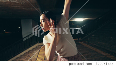 Japanese woman, outdoor and professional dancer at night for practice, training and choreography. Female person, technique and rehearsal as contemporary dance for talent, theater or performance art Japanese woman, outdoor and professional dancer at night for practice, training and choreography. Female person, technique and rehearsal as contemporary dance for talent, theater or performance art 120951722