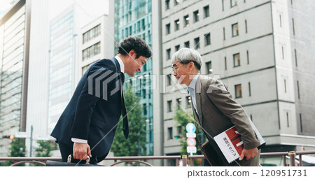 Japanese, business people and bow in city for greeting, deal or meeting as negotiation or thank you. Partnership, agreement and promotion with respect, colleagues or collaboration in legal settlement 120951731