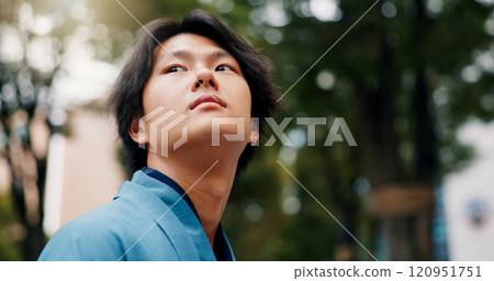 Japanese man, thinking and outdoor for commute, travel and wondering with thoughtful mind to work. Person, vision and planning in city for morning journey, explore and weekend tourist with idea Japanese man, thinking and outdoor for commute, travel and wondering with thoughtful mind to work. Person, vision and planning in city for morning journey, explore and weekend tourist with idea 120951751