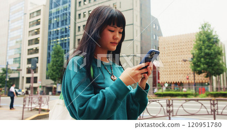 Japanese, girl and typing with phone in city for communication, social media and chat notification. Woman, travel and mobile with navigation app of location, reading blog and website texting in Japan 120951780