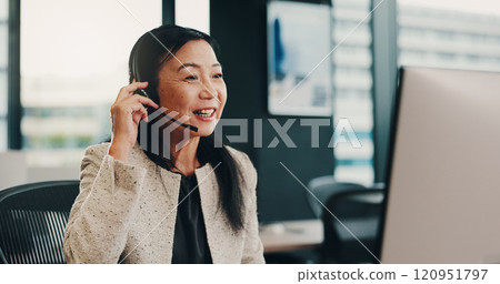 Office, businesswoman or mic with computer for call center, telemarketing or consulting with smile. Japanese, female person or mature agent with headset for support, customer service or digital sales Office, businesswoman or mic with computer for call center, telemarketing or consulting with smile. Japanese, female person or mature agent with headset for support, customer service or digital sales 120951797