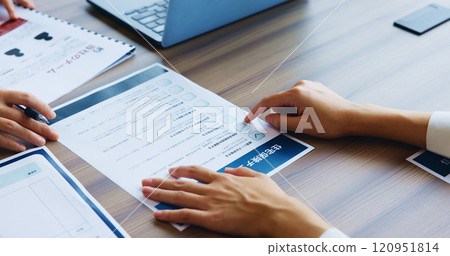 Business people, hands and japan with documents for checklist, company policy or contract at office. Closeup, employees or colleagues pointing with paperwork for application, survey or to do list 120951814