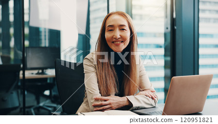 Laptop, business and portrait of Japanese woman in office for internal auditor, bookkeeper and account manager. Professional, corporate and report with person in financial firm for company revenue 120951821