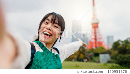 Happy, face and selfie of woman, city and photography for content creation, pointing and Tokyo Tower. Outdoor, influencer and Japanese person on vacation, profile picture and tourist on trip in Japan Happy, face and selfie of woman, city and photography for content creation, pointing and Tokyo Tower. Outdoor, influencer and Japanese person on vacation, profile picture and tourist on trip in Japan 120951876