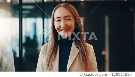 Smile, confident and portrait of businesswoman in office for finance career with growth. Happy, pride and mature Japanese female financial executive with positive attitude for company expenses. 120951883