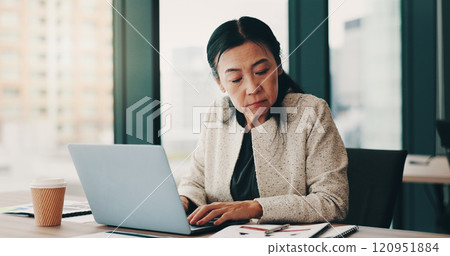 Mature, business woman and Japanese with laptop, reading and notebook for review, audit or company. Female person, tech and career as accountant in finance agency for report, investment and portfolio 120951884
