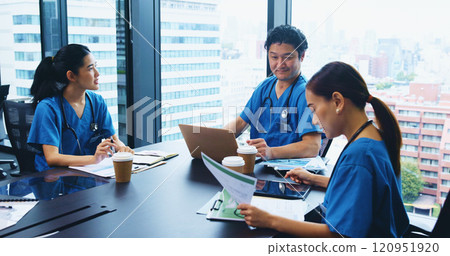 Asian people, nurse or team with documents in meeting for medical discussion, planning or budget at hospital. Japan, group or healthcare employees with paperwork or laptop for clinic expenses or fund Asian people, nurse or team with documents in meeting for medical discussion, planning or budget at hospital. Japan, group or healthcare employees with paperwork or laptop for clinic expenses or fund 120951920