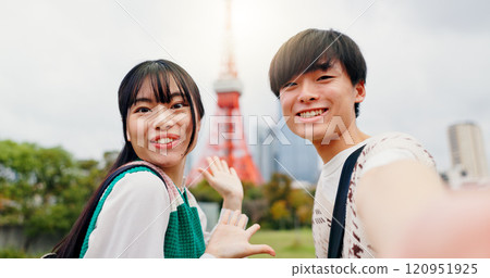 Travel, portrait and selfie of couple, city and photography for content creation, bonding and Tokyo Tower. Outdoor, influencer and Japanese people on vacation, picture and tourist on trip in Japan Travel, portrait and selfie of couple, city and photography for content creation, bonding and Tokyo Tower. Outdoor, influencer and Japanese people on vacation, picture and tourist on trip in Japan 120951925
