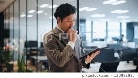 Japan, business and man with tablet, thinking and internet with stock market, connection and network. Asian person, accountant and employee in modern office, communication and digital app for email Japan, business and man with tablet, thinking and internet with stock market, connection and network. Asian person, accountant and employee in modern office, communication and digital app for email 120951983