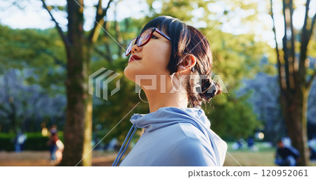 Japanese woman, thinking and walking for commute, travel and wondering with thoughtful mind outdoor. Female person, vision and planning in city for morning journey, explore and weekend with idea 120952061