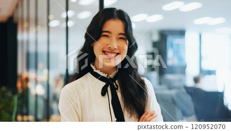 Japanese, business woman and portrait in office with pride, smile and confident as attorney at law. Female person, happiness and arms crossed as lawyer for company, justice or legal firm in corporate Japanese, business woman and portrait in office with pride, smile and confident as attorney at law. Female person, happiness and arms crossed as lawyer for company, justice or legal firm in corporate 120952070