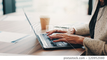 Office, hands and businessperson with laptop for typing, investment performance and online report. Closeup, woman and financial advisor with digital for company, finance review and research in Japan 120952080