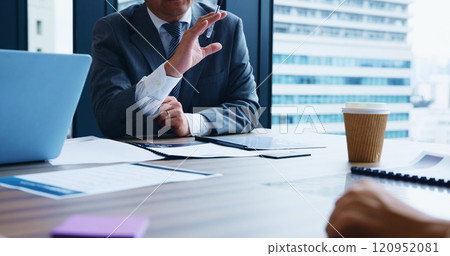 Businessman, hands and meeting with documents for explanation, proposal or project budget at office. Japan, man and speech with paperwork for corporate planning, finance or business deal at workplace Businessman, hands and meeting with documents for explanation, proposal or project budget at office. Japan, man and speech with paperwork for corporate planning, finance or business deal at workplace 120952081