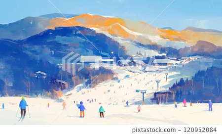 繁華的滑雪勝地 | 可以欣賞冬季山脈和早晨陽光的壯麗景色的滑雪場 繁華的滑雪勝地 | 可以欣賞冬季山脈和早晨陽光的壯麗景色的滑雪場 120952084