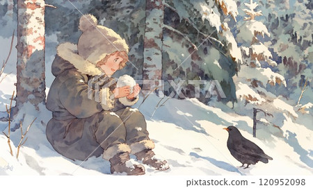 冬季森林雪地玩耍 | 孩子與黑鳥的溫馨場景 冬季森林雪地玩耍 | 孩子與黑鳥的溫馨場景 120952098