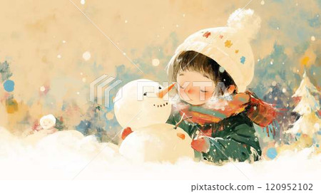 Playing in the snow in winter | A heartwarming moment between a child and a snowman 120952102